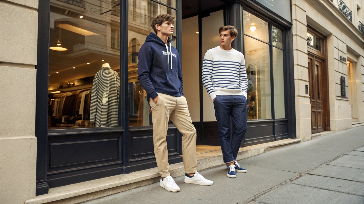 Two young men wearing Noah brand-inspired outfits; one in a navy hoodie with khaki trousers and sneakers, the other in a striped rugby shirt with denim jeans and loafers, standing in front of a boutique store on a vibrant city street.