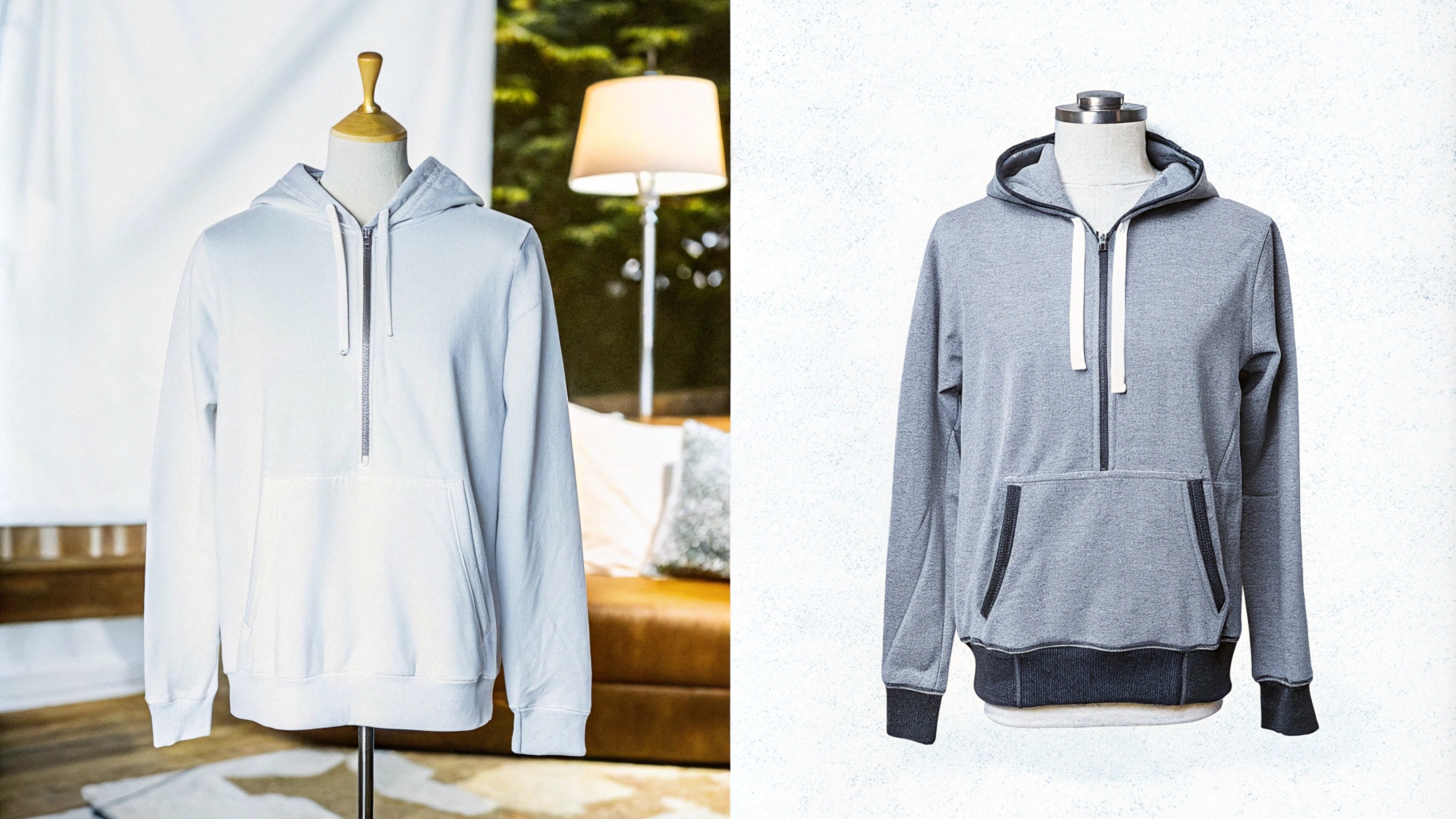 Side-by-side mannequins displaying a pullover hoodie with a front pocket and a zip-up hoodie with an open zipper, highlighting design differences in a cozy urban setting.