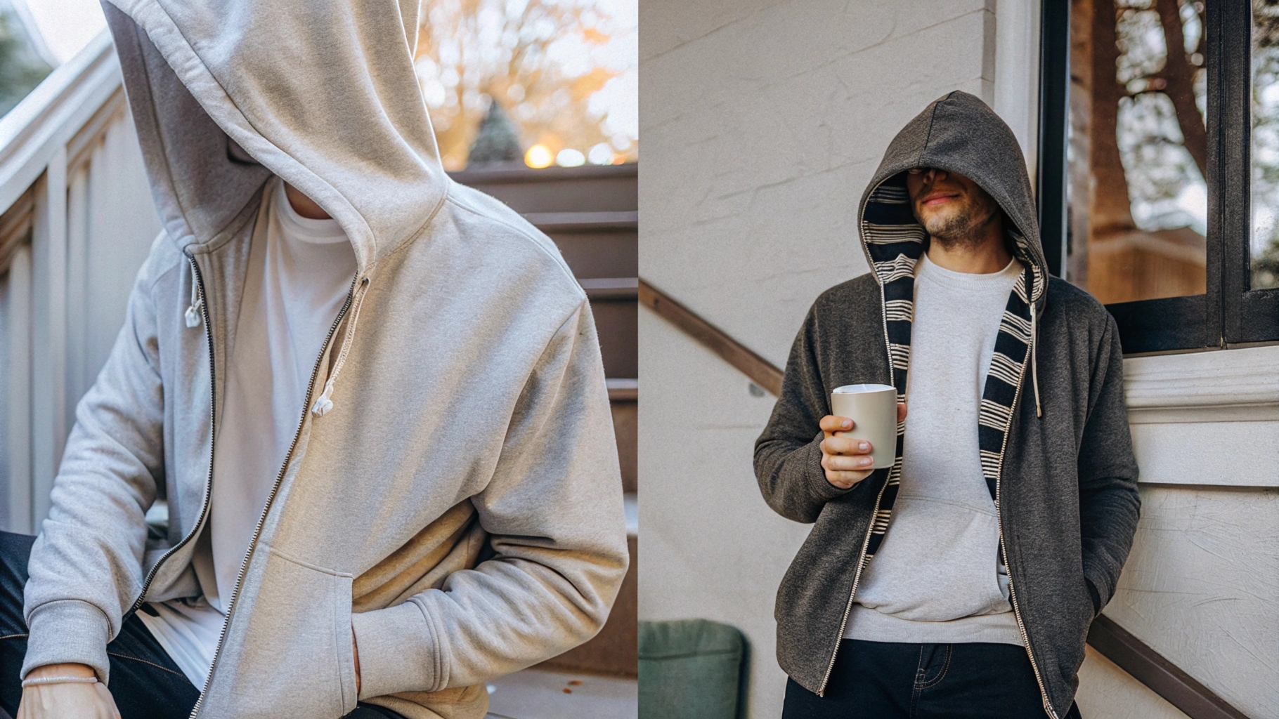 Side-by-side comparison of a zip-up hoodie over a T-shirt and a pullover hoodie layered under a coat, set against a cozy urban autumn backdrop, highlighting versatile styling.