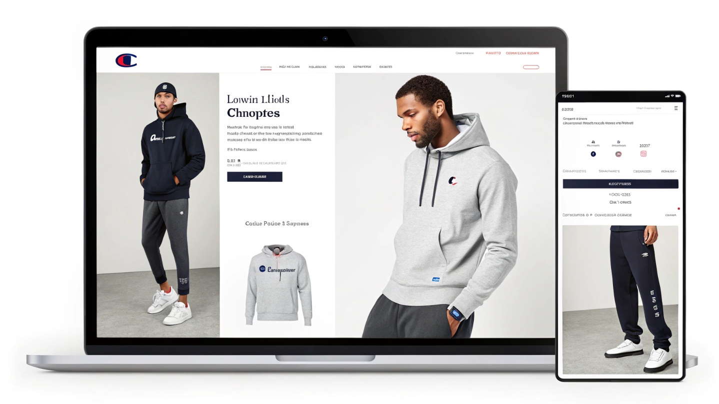 A sleek e-commerce website showcasing the latest Champion collection, featuring high-resolution images of hoodies, T-shirts, and joggers in a minimalistic, user-friendly design.