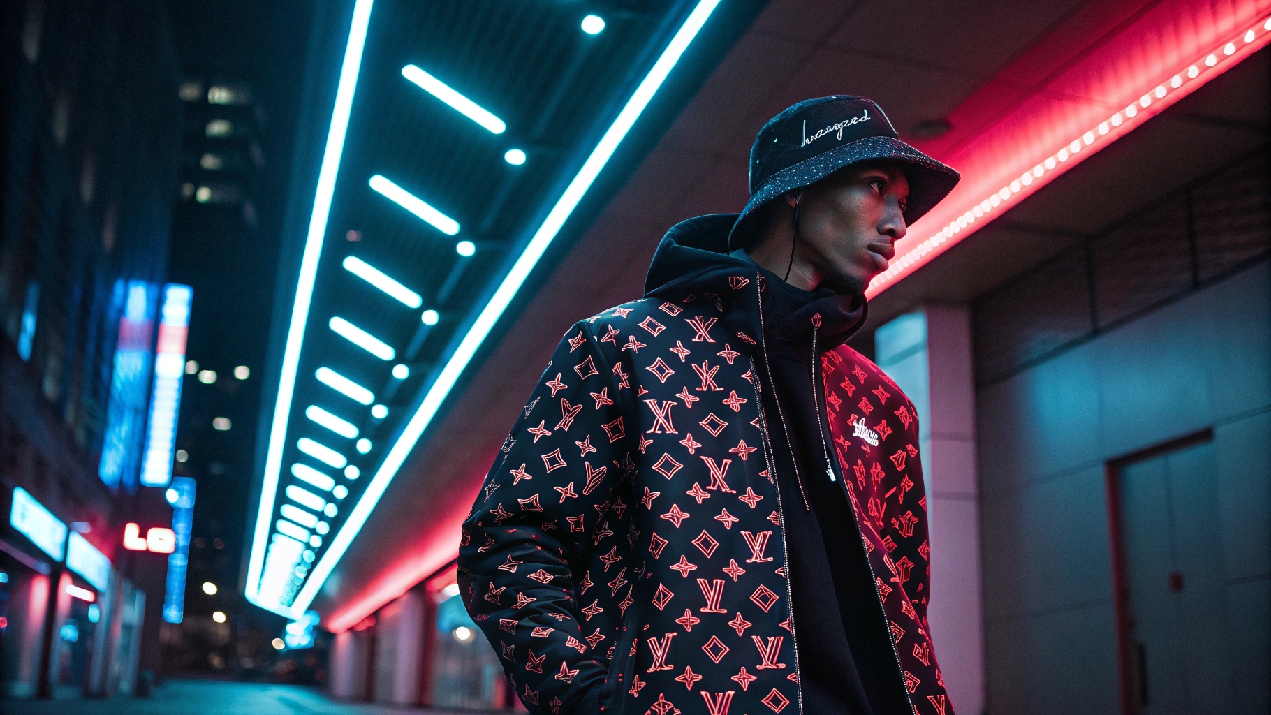 A streetwear collection featuring limited edition drops and collaborations with Louis Vuitton, Oreo, and Everlast, showcased in a high-fashion urban setting under bright neon lights at night.