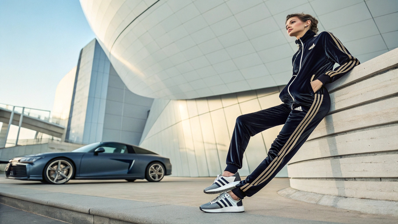A model in a sleek Adidas-inspired tracksuit with three stripes, custom embroidery, and premium fabric, paired with high-end customized sneakers, set against a futuristic urban backdrop.