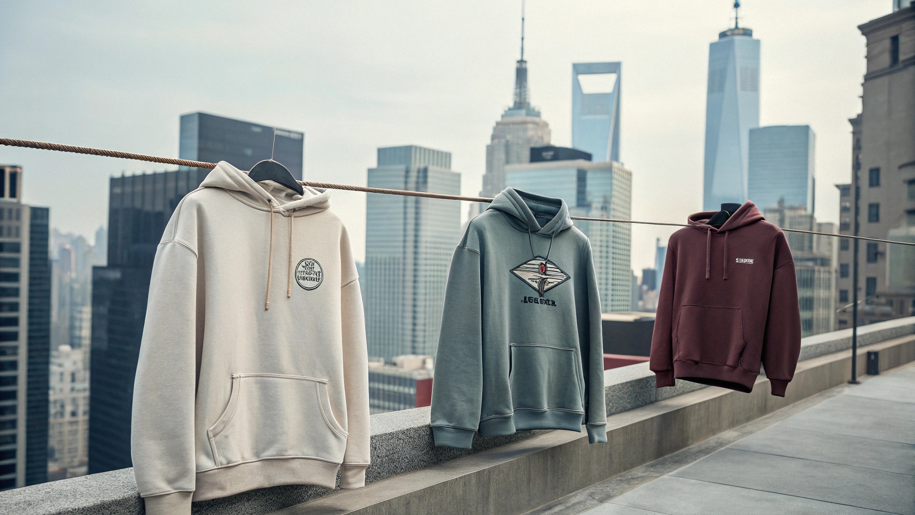 A stylish collection of modern sweatshirts, including oversized hoodies, vintage crewnecks, zip-ups, and minimalist designs, in an urban setting.