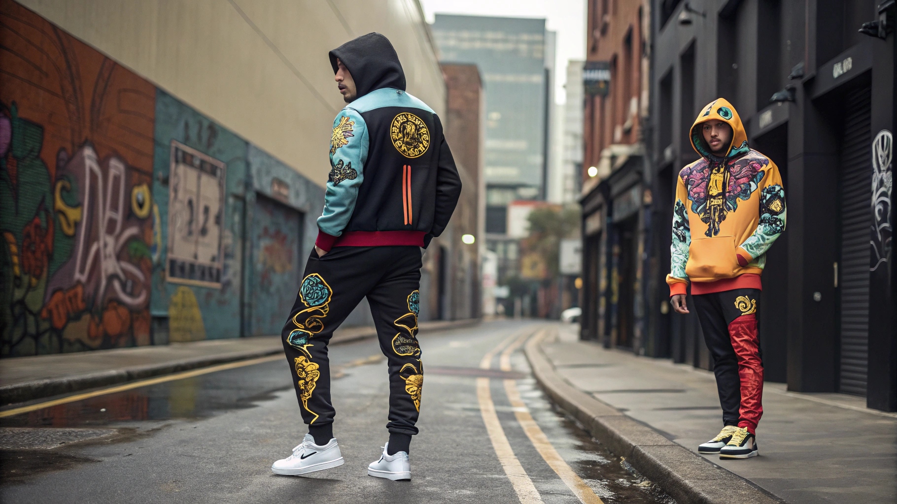 A stylish custom streetwear collection displayed in an urban setting, featuring vibrant designs, embroidery, screen printing, and personalized graphics on high-quality fabrics, set against a graffiti-covered city street or trendy boutique backdrop.