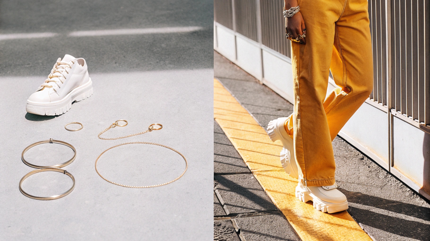 Baggy pants styled with chunky sneakers, a beanie or baseball cap, and minimalist jewelry for a streetwear-inspired look.