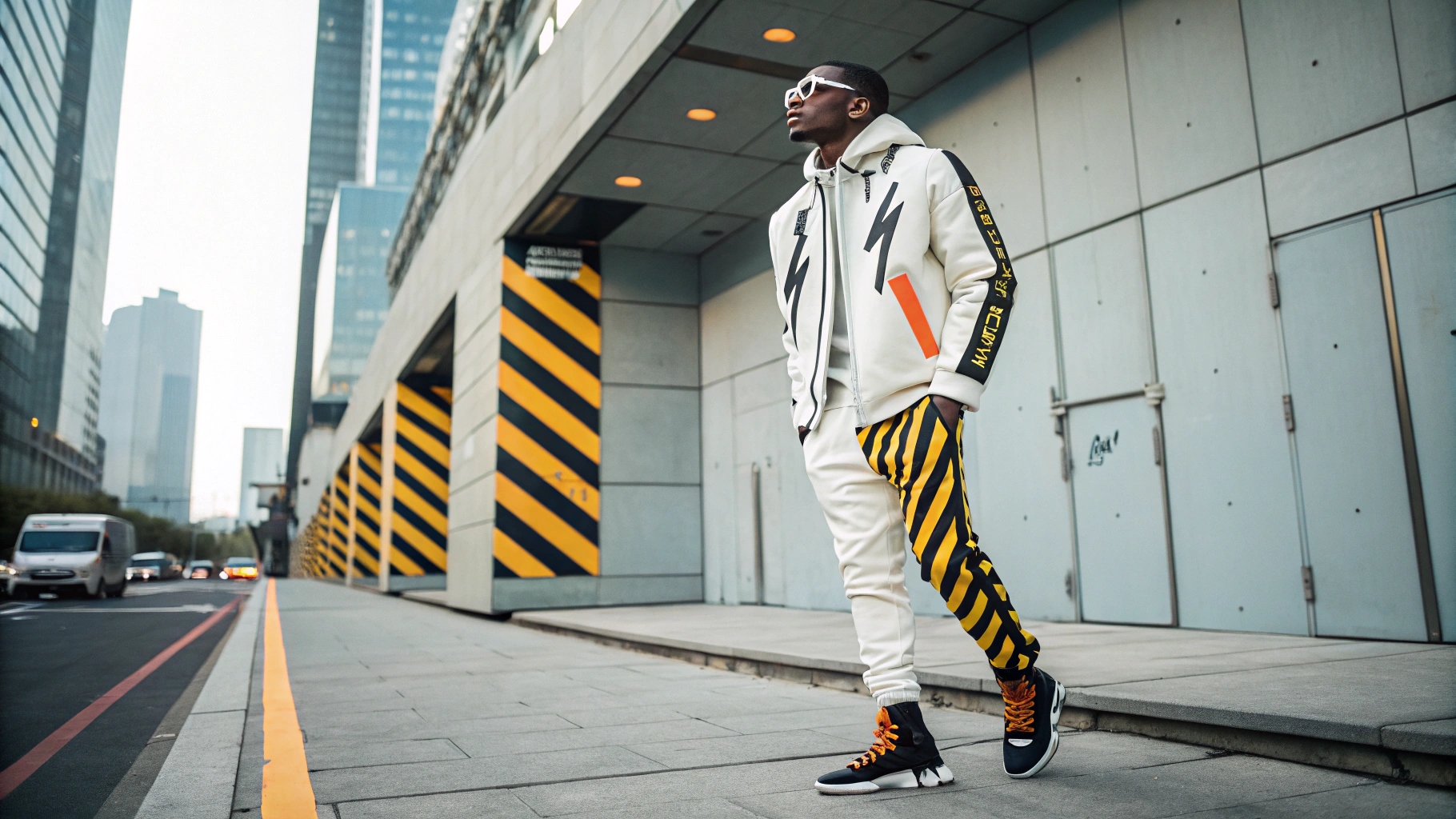 A fashion-forward look blending streetwear and luxury, featuring minimalist yet bold design elements like zip ties and caution tape, shot in a studio with sharp contrasts and a focus on black, white, and metallic tones.