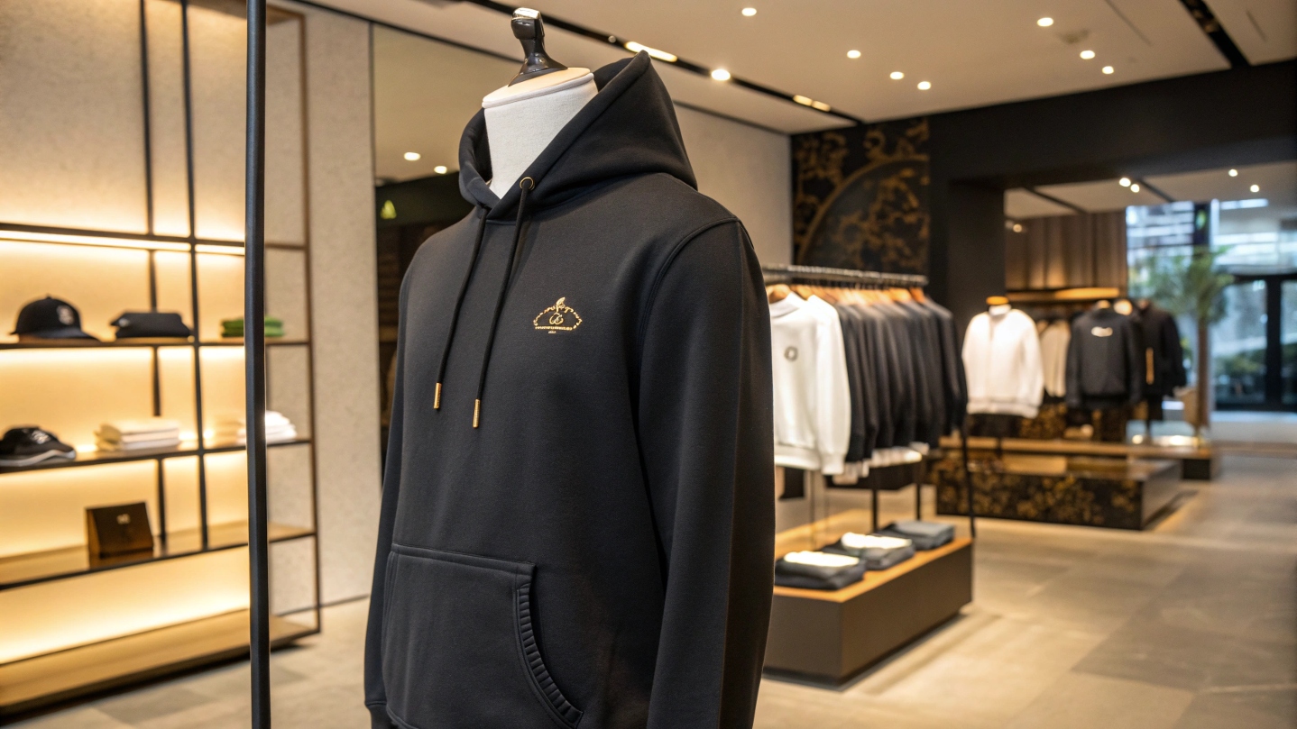 A stylish streetwear hoodie inspired by Noah, featuring premium embroidery and a minimalist logo, made from 85% nylon and 15% spandex, displayed on a mannequin in a modern retail store with soft lighting.