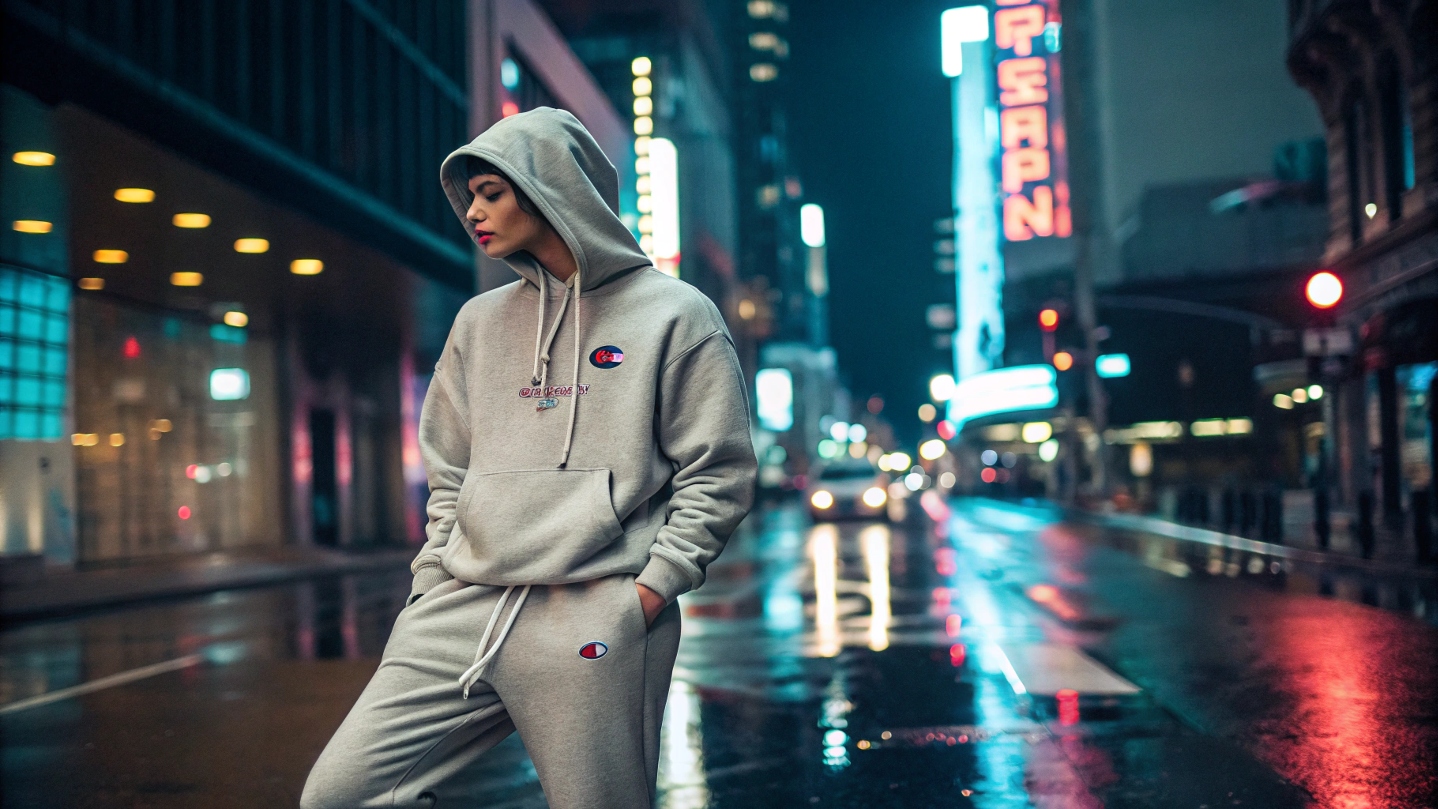 A model wearing a Champion hoodie and sweatpants in a vibrant cityscape with neon lights reflecting on wet pavement, blending vintage aesthetics with modern streetwear trends.