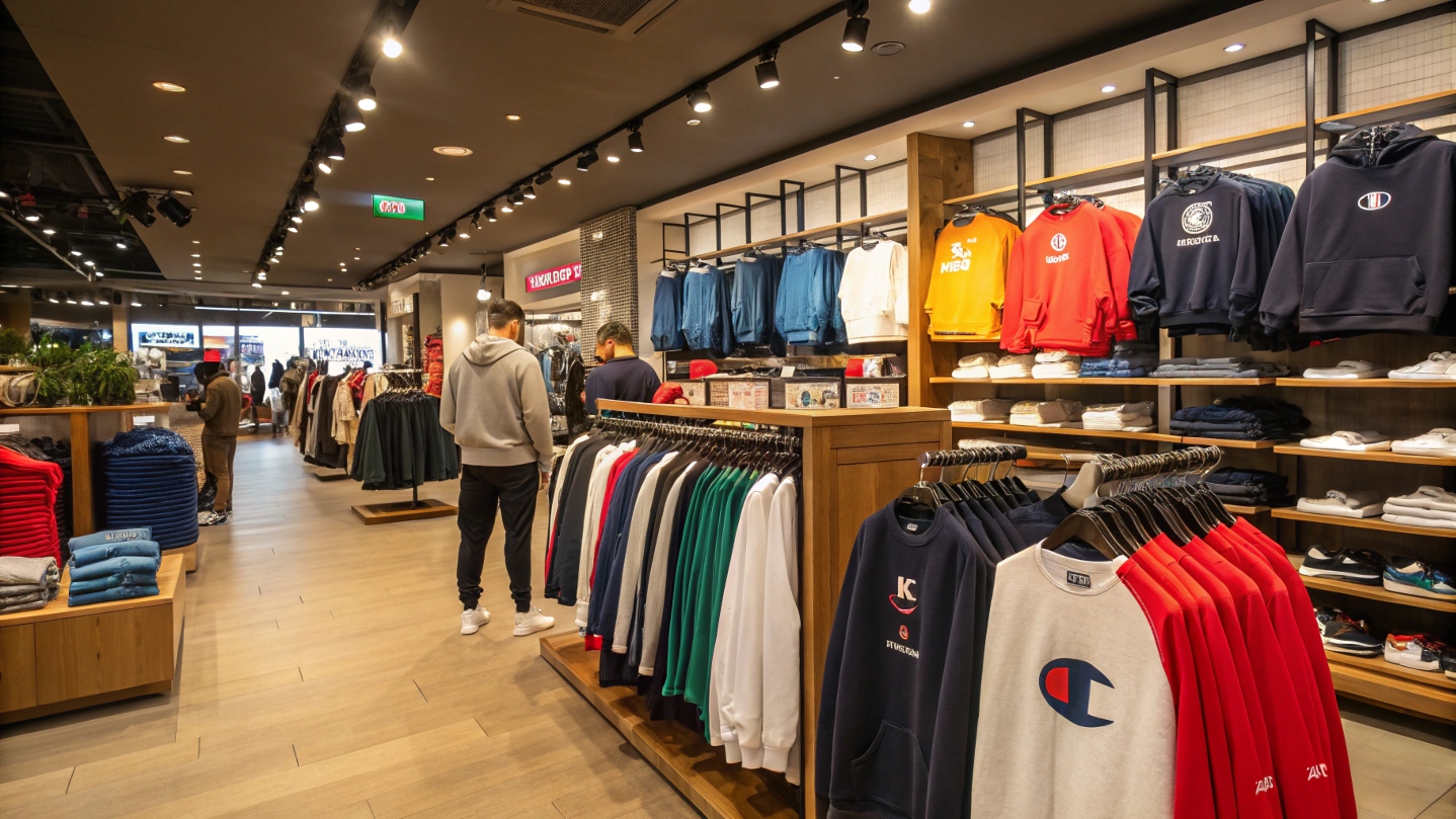 A vibrant department store displaying Champion hoodies, T-shirts, and joggers, with shoppers browsing under bright, modern lighting, showcasing casual and streetwear styles.