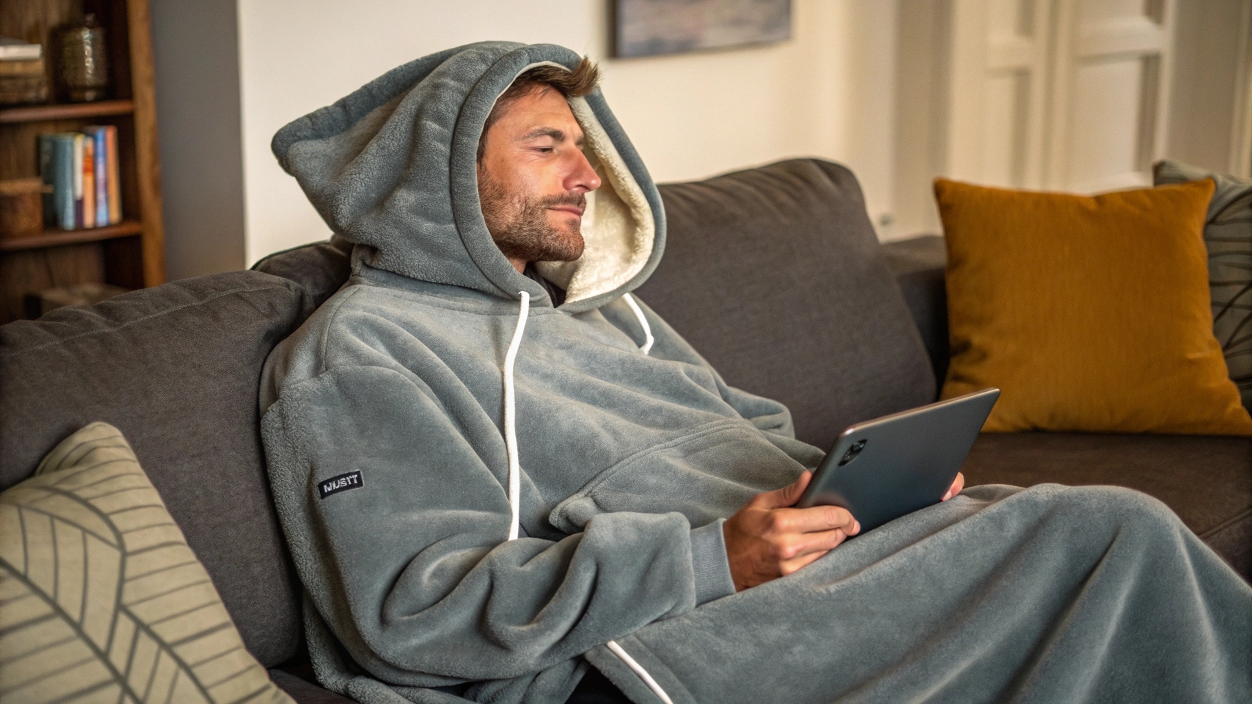 A visual representation of the Huggle Hoodie, showcasing its oversized proportions and fleece-lined interior, reflecting its origins as a wearable blanket designed for comfort and warmth. The image highlights how it became a viral sensation through television commercials, standing out from traditional sweatshirts and hoodies with its unique design for lounging and cozying up at home
