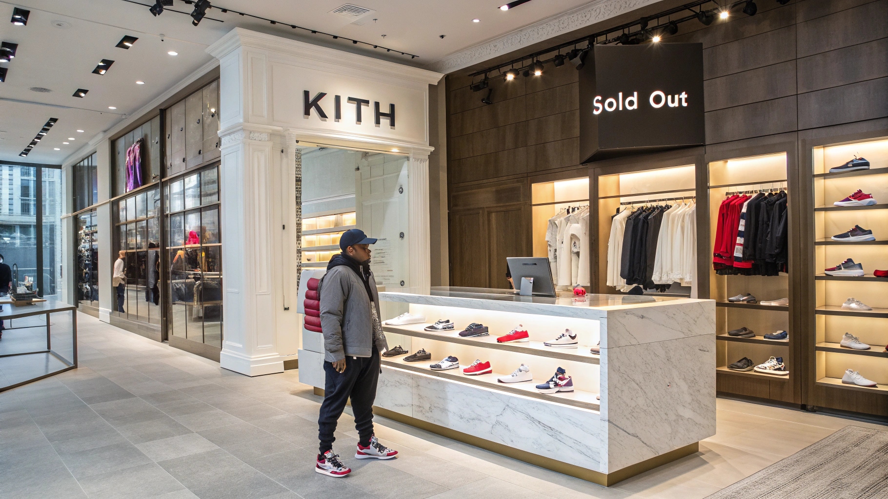 Visually captivating retail scene featuring Kith's limited-edition 'drop' model, with exclusive apparel and sneakers displayed in a sleek boutique, highlighting scarcity, resale market impact, and celebrity influence.
