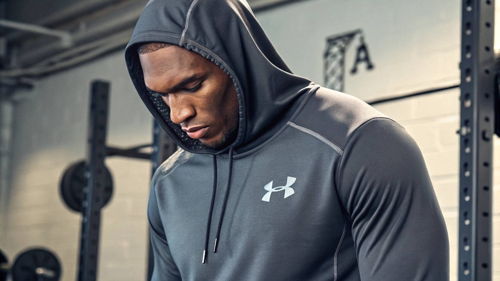 An athlete wearing a sweatshirt from the Project Rock series by Under Armour, featuring moisture-wicking fabrics and thermal protection for intense workouts, with visible branding and a design reflecting strength and durability for sports enthusiasts and gym-goers.