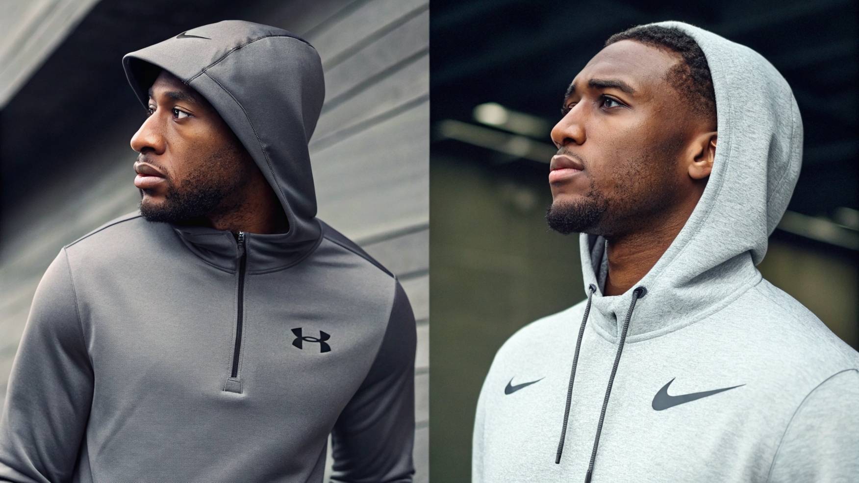 An athlete wearing an Under Armour Armour Fleece® sweatshirt, showcasing moisture-wicking and thermal protection, contrasted with a Nike sweatshirt for a fashion-forward, streetwear-inspired look, highlighting Under Armour’s performance and price competitiveness.
