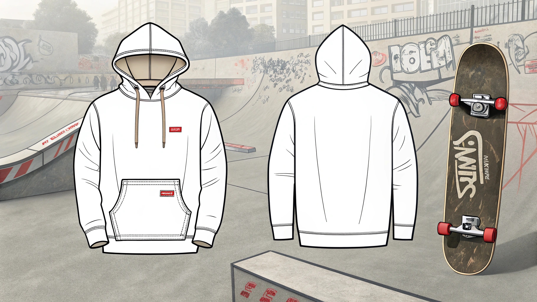 Streetwear hoodie influenced by late 1970s and early 1980s skate culture, featuring minimalistic branding, large front pockets, adjustable hoods, and a relaxed fit