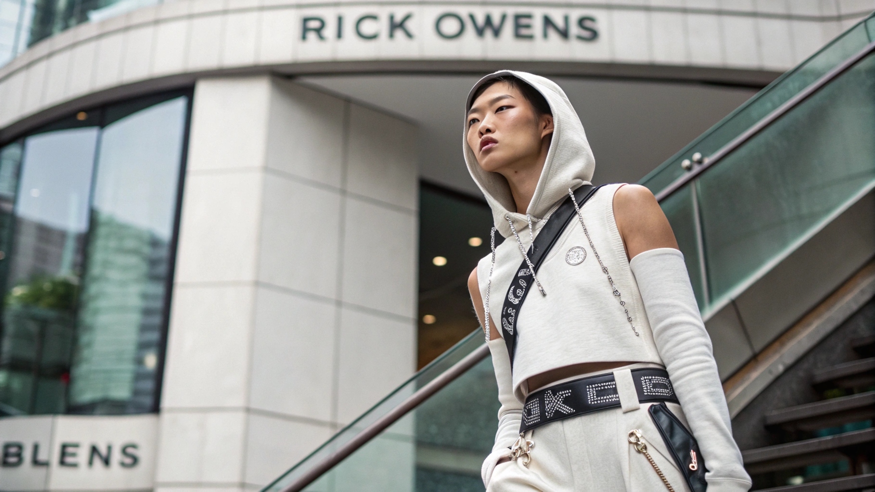 East Asian model showcasing a Rick Owens-inspired look, featuring unique, limited-edition collaborations and custom accessories like belts, bags, and hats. Set in a modern urban setting, highlighting personalized details and the custom clothing options offered by Bless, including personalized sweatshirts and hoodies with custom fabrics and logos.