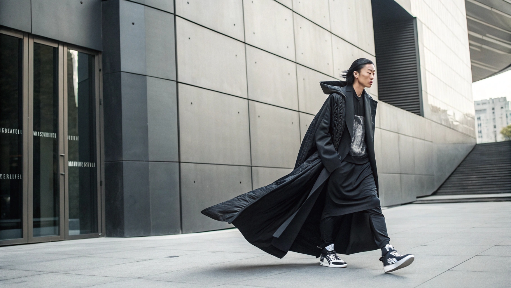 ast Asian model styled in a Rick Owens-inspired outfit, featuring dramatic layering with oversized jackets, long tunics, and flowing fabrics in a sleek, monochromatic black look. Blending high fashion with streetwear elements like sneakers and graphic tees, set against a modern urban backdrop.