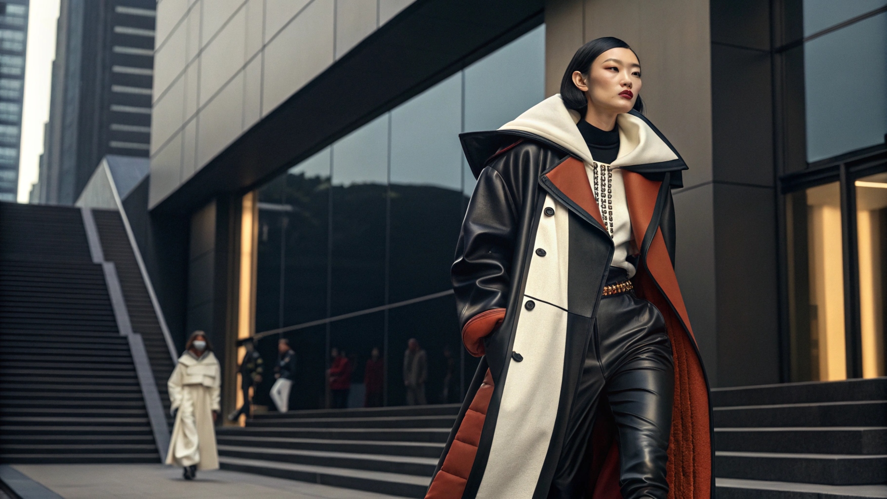 East Asian model wearing a Rick Owens-inspired outfit, featuring oversized silhouettes, dark gothic elements, and a bold color palette of black, white, and earth tones. Showcasing contrasting textures like leather and soft fabrics, set against a sleek, modern urban backdrop.