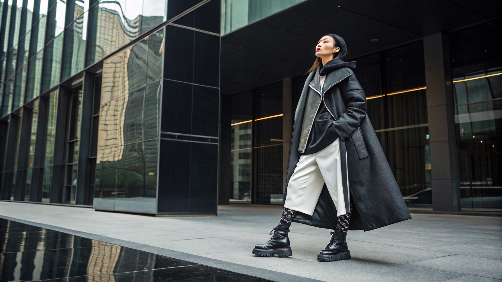 East Asian model wearing signature Rick Owens pieces, including an oversized asymmetric coat, bomber jacket, chunky high-fashion boots, and minimalist pants or an asymmetrical skirt. Set in a sleek, urban setting, showcasing the versatility and statement-making quality of these high-fashion wardrobe essentials.