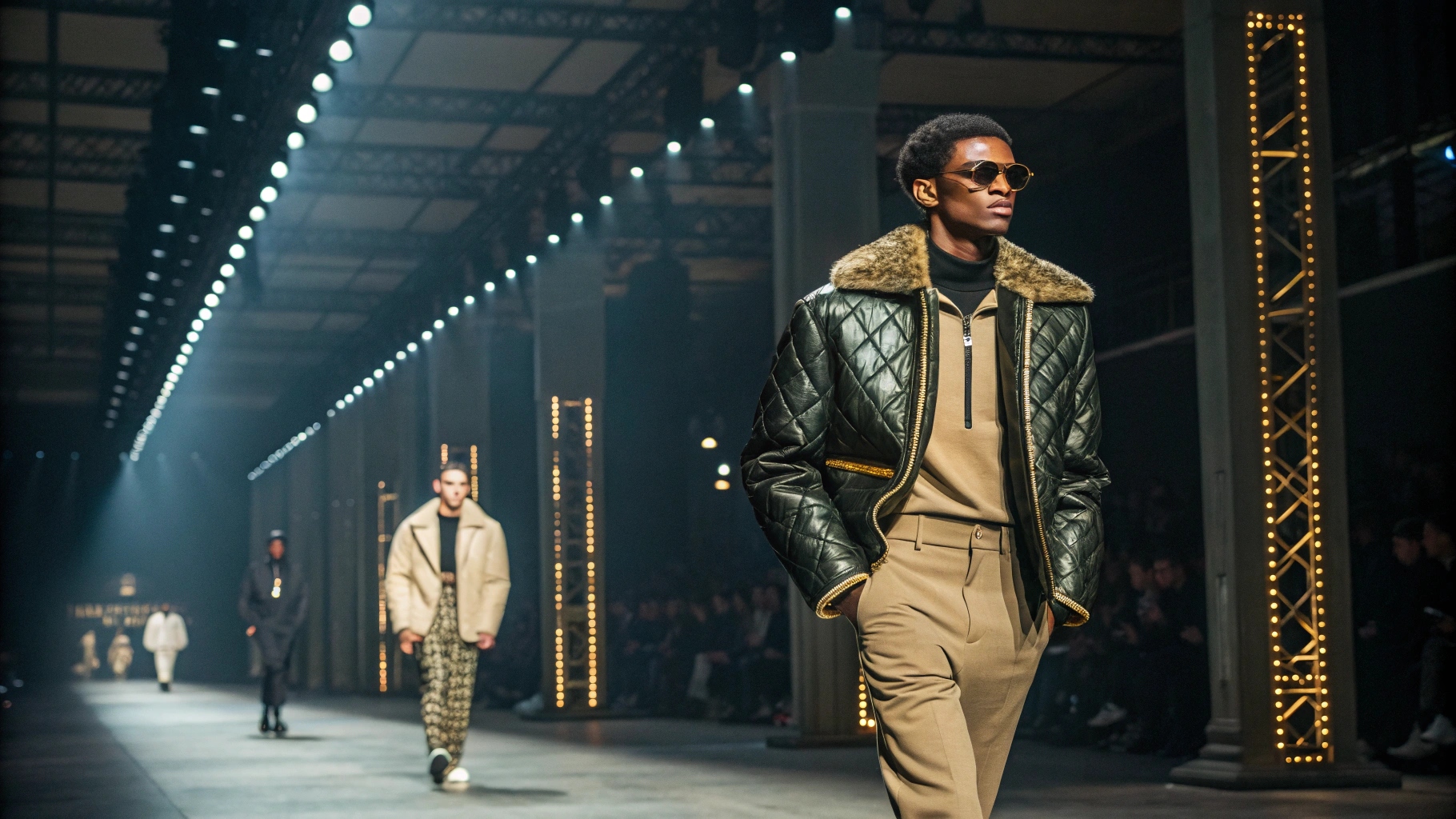 Models in Rhude-inspired fashion on a Paris runway with tailored streetwear, luxury packaging, limited tags, and bold visuals, capturing the brand’s exclusive positioning in high fashion.