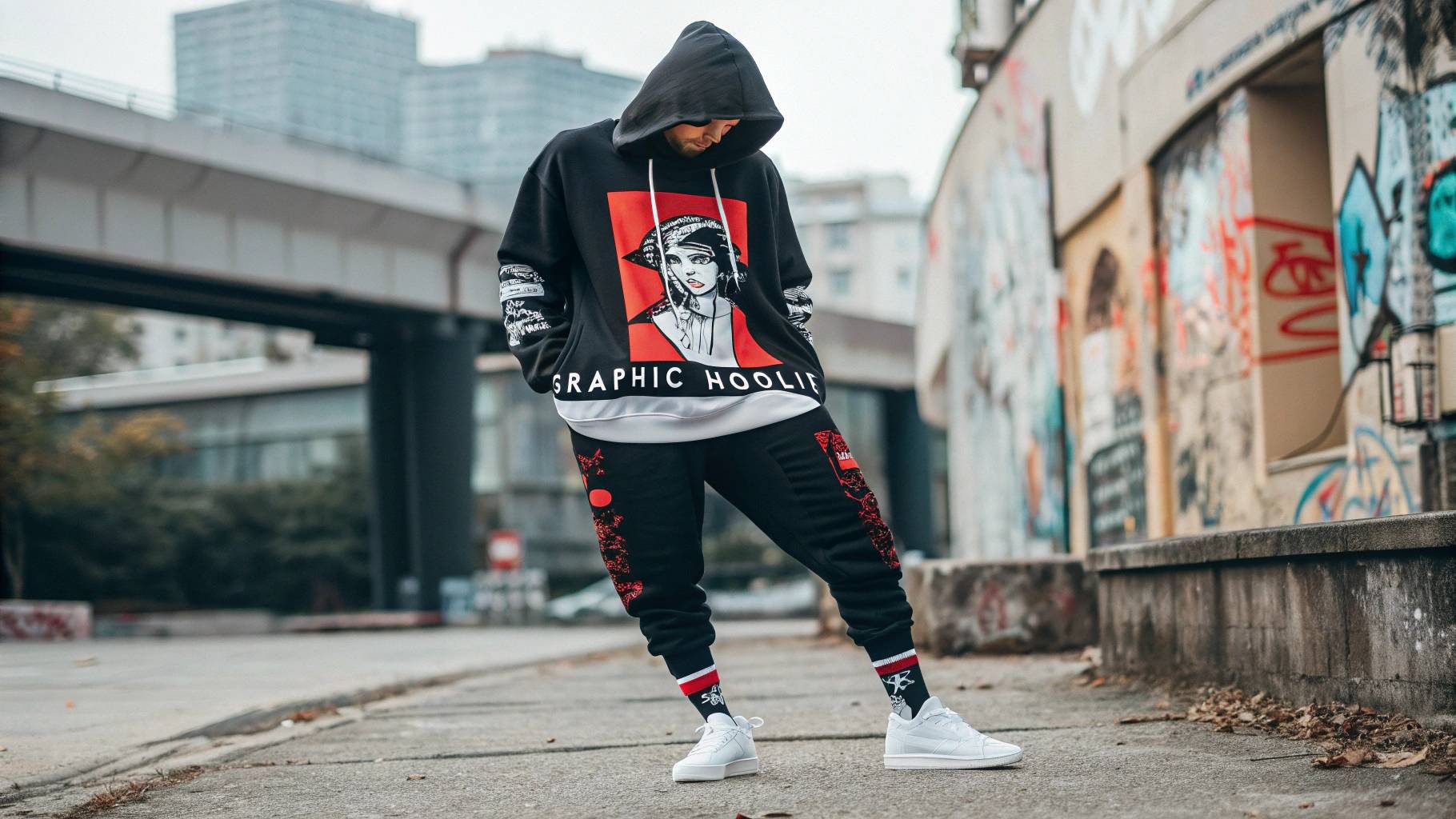 Graphic hoodie with bold visuals, logos, or artwork, styled with oversized fits, sneakers, and baggy pants, set against an urban backdrop of graffiti, reflecting the evolution of streetwear in modern fashion.