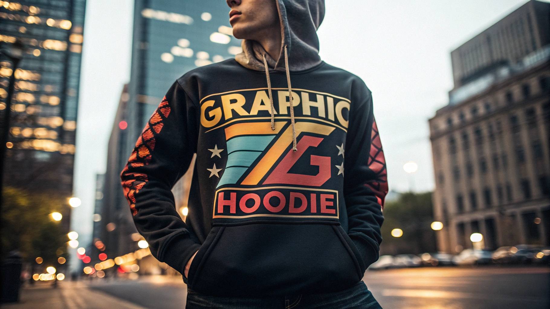 Graphic hoodie with large, eye-catching logos and vibrant colors, worn by an individual in an urban setting, showcasing bold typography and a trendy, confident aesthetic.