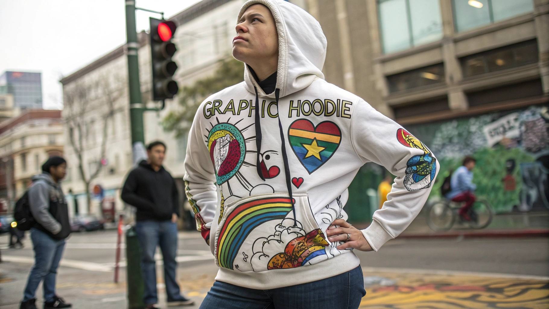 Person wearing a graphic hoodie with designs representing personal interests or beliefs, standing confidently in an urban or casual setting, showcasing the hoodie as a statement of self-expression.