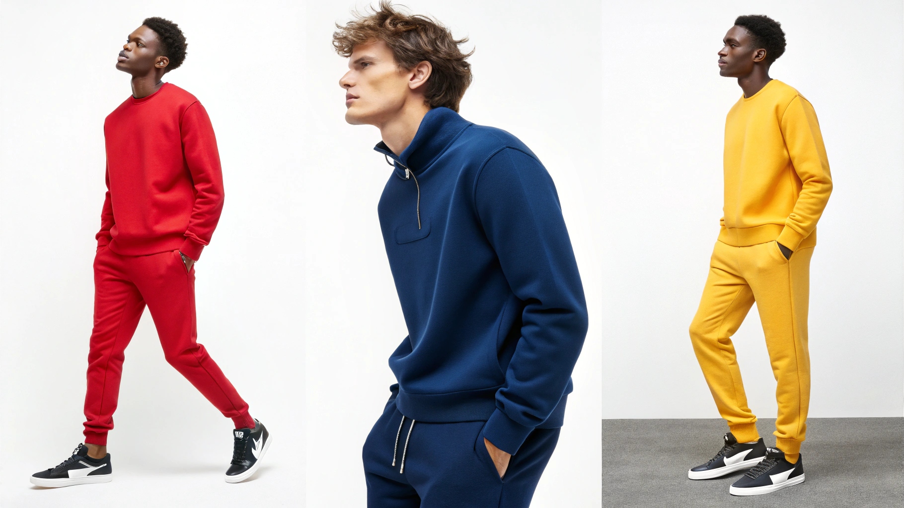 Models wearing sweatshirts in red, blue, yellow, and black, each reflecting different personality traits like passion, calmness, optimism, and sophistication