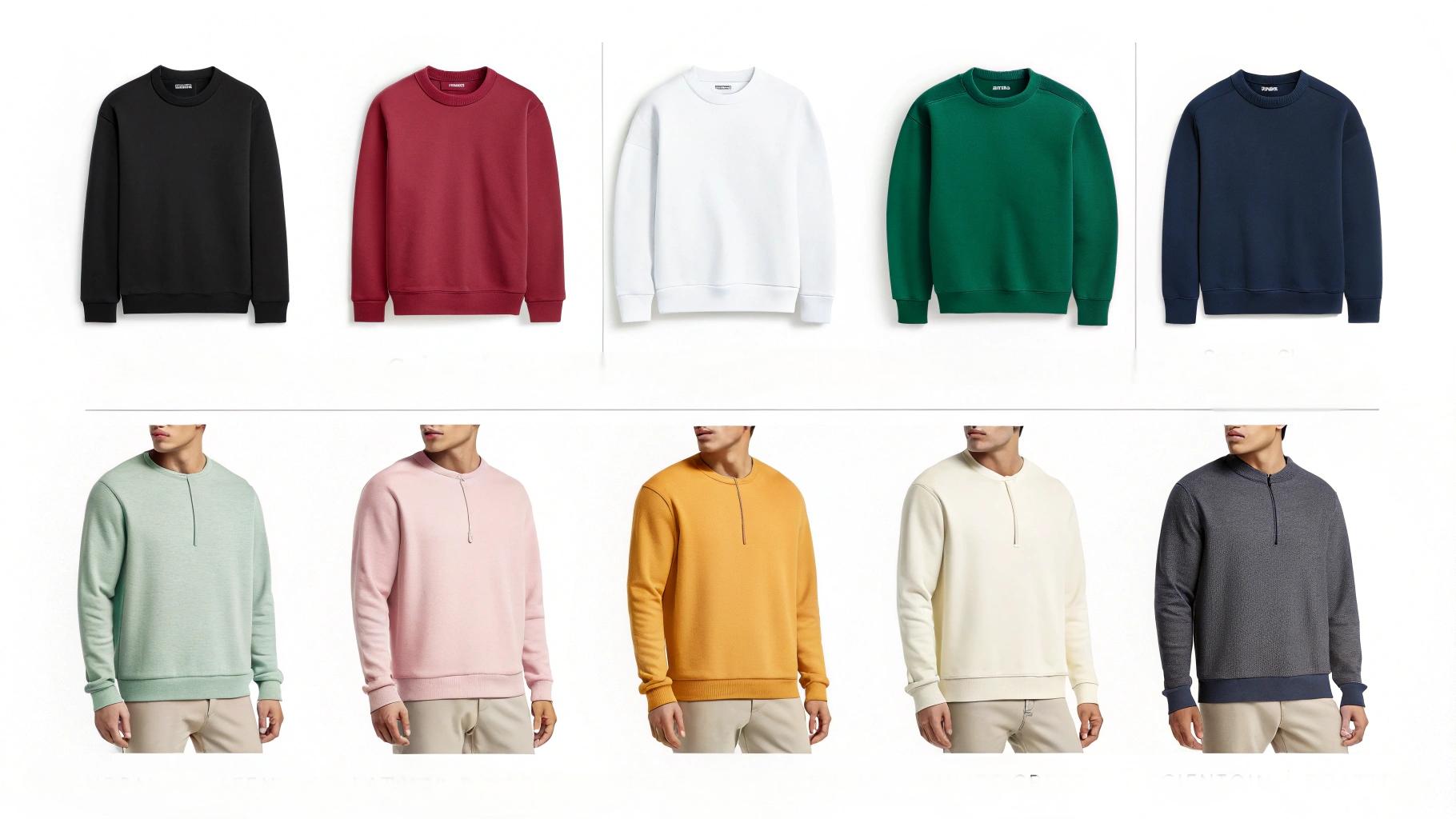 Sweatshirts in neutral, bold, pastel, and earth tones, showcasing how different colors create versatile, energetic, calming, and grounded styles, suitable for various looks and aesthetics.