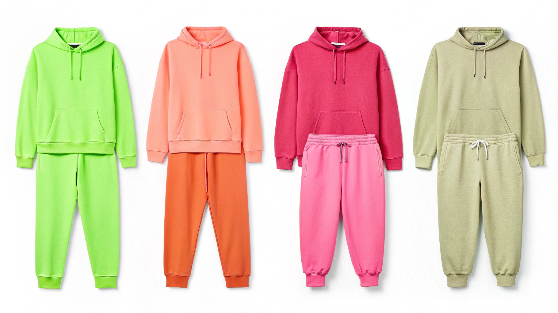 Sweatshirts in vibrant neon colors, monochrome matching sets, vintage faded hues, and earthy shades like sage green and terracotta, showcasing the latest trends in color for streetwear and activewear