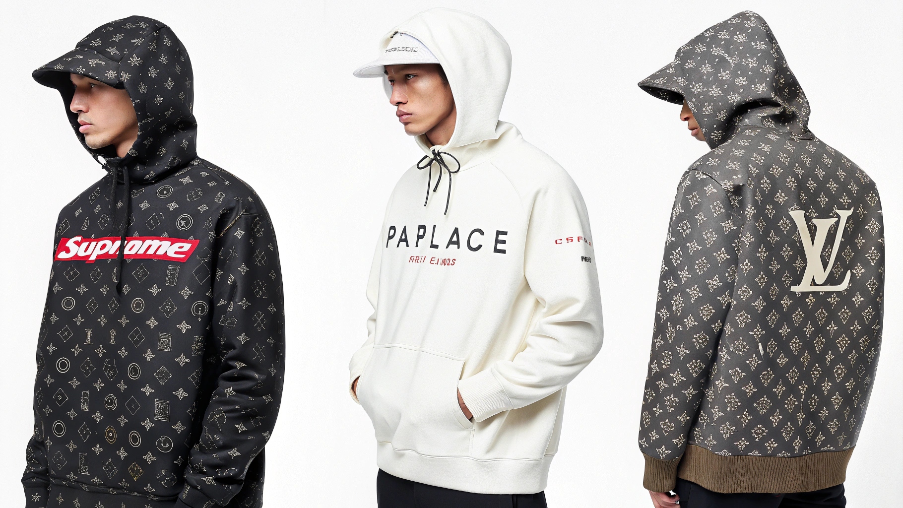 Image showcasing hoodie designs through collaborations between streetwear brands like Supreme, Off-White, and luxury labels like Louis Vuitton and Nike, featuring performance fabrics and high-end materials