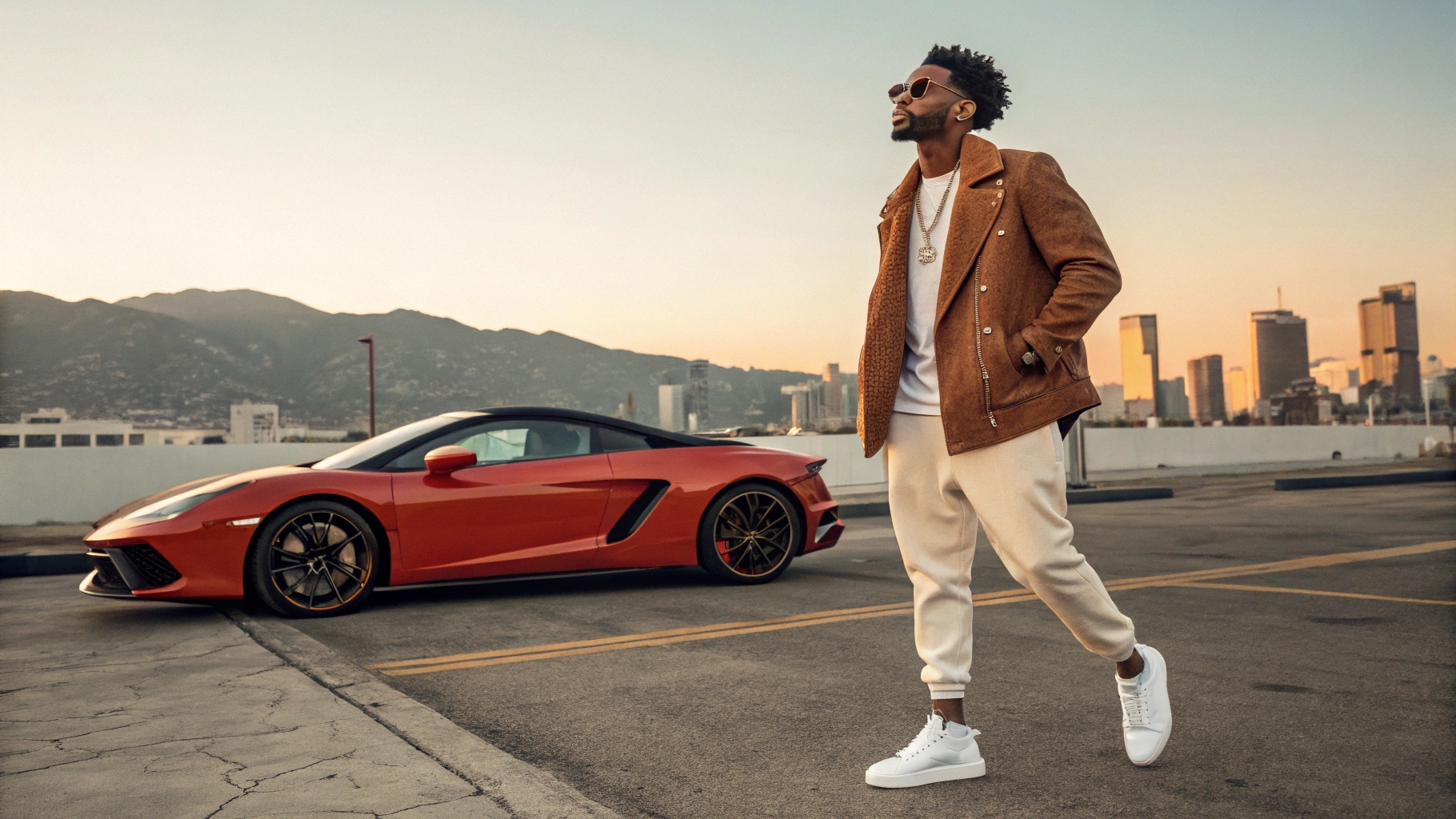 Models styled like celebrities at concerts and events wearing Rhude-inspired fashion, with Puma sneakers, McLaren cars, and Thierry Lasry eyewear, reflecting social media buzz and the brand’s luxury streetwear status