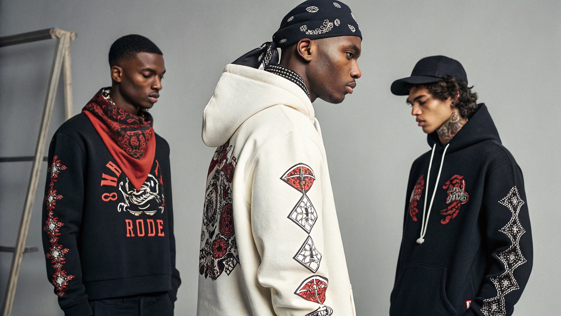 Models in bold graphic custom streetwear with bandana motifs in a modern studio setting, surrounded by sewing machines, fabric rolls, mood boards, and branded packaging, representing brand-ready full-package production