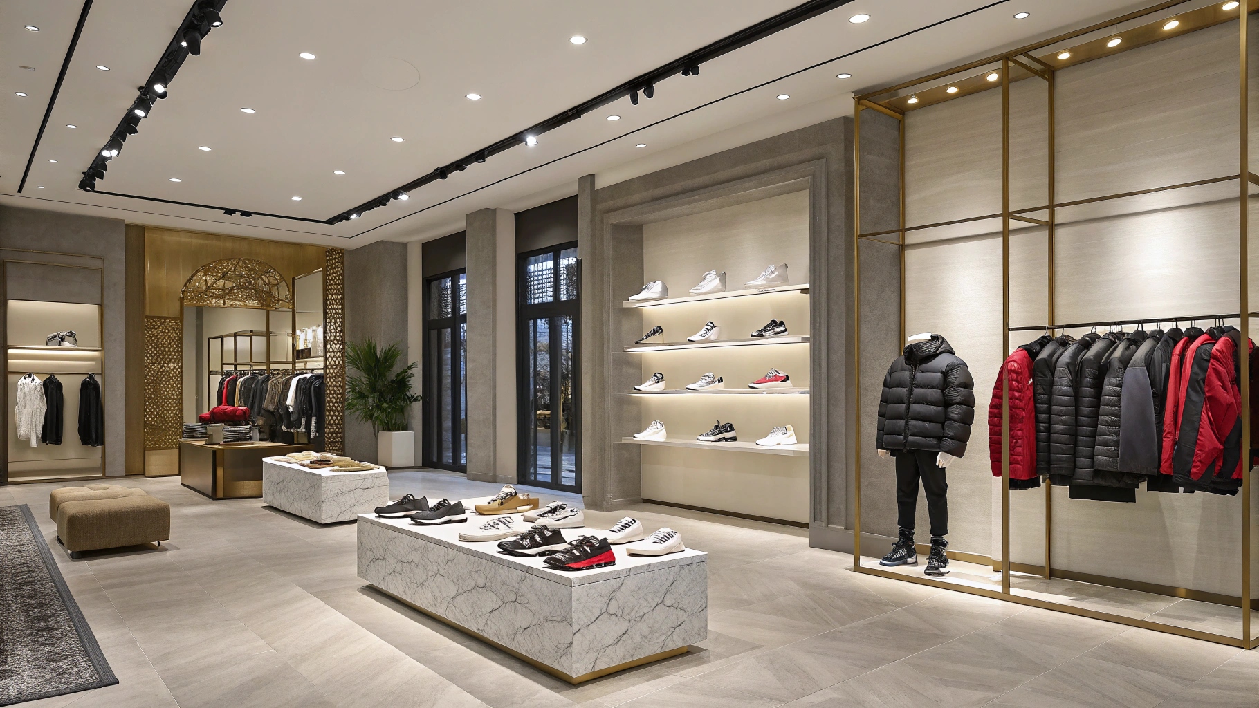 Upscale boutique showcasing Kith’s luxury collaborations with Versace, Moncler, Nike, Adidas, and New Balance, featuring limited-edition apparel and footwear in a stylish, minimalist retail space.