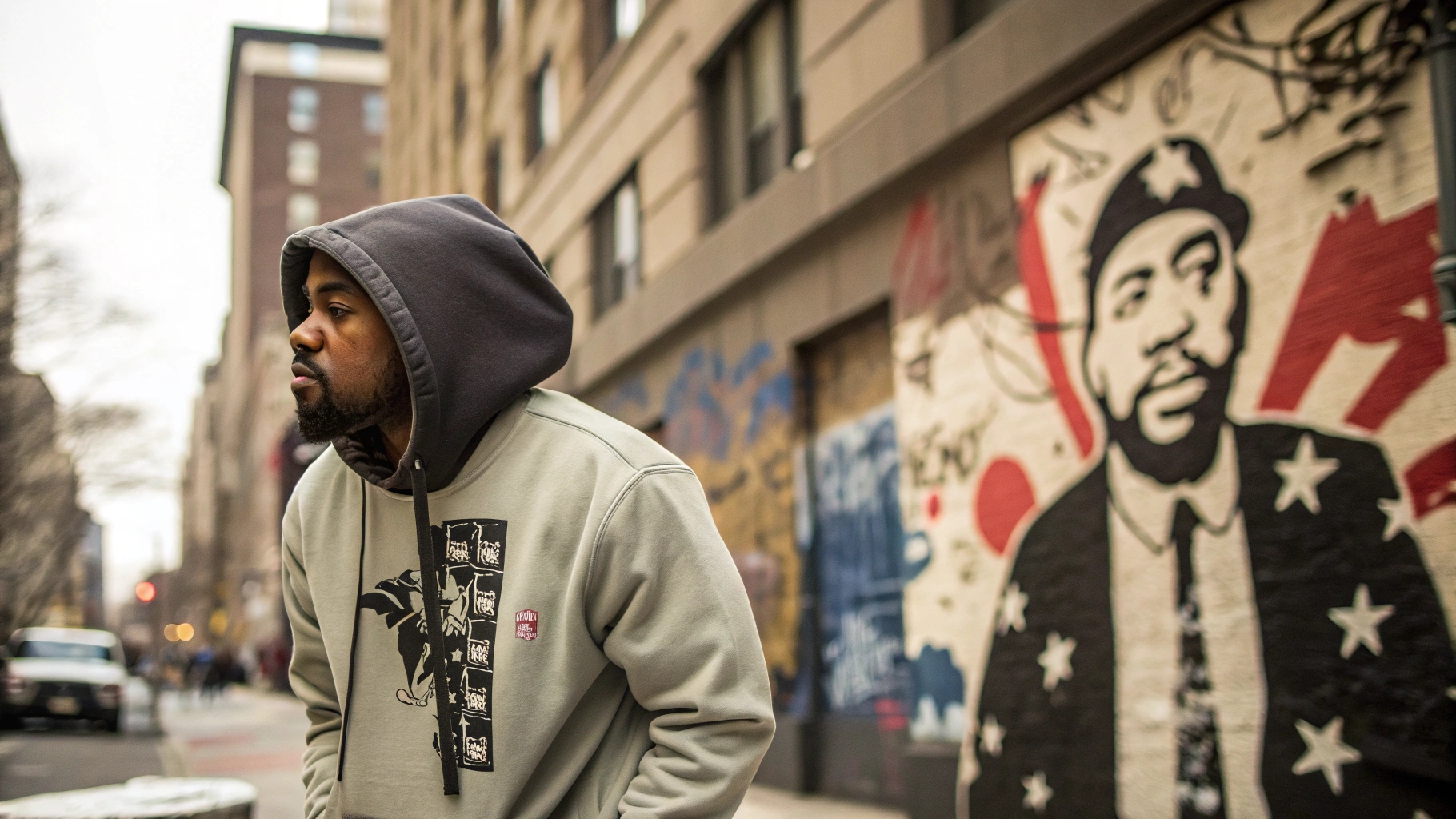 Urban scene showcasing the influence of street culture on hoodie styles, blending hip hop, skateboarding, and art. Hoodies with bold designs reflect individuality and resistance