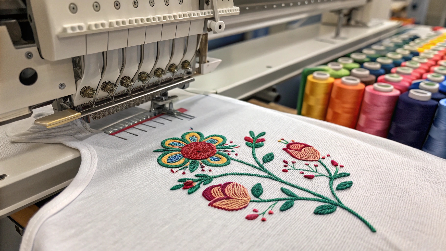 Close-up of embroidered T-shirt craftsmanship showing an embroidery machine actively stitching with a digitized design preview, high thread count embroidery clearly visible on the fabric surface, artisan manually adjusting threads, and vibrant colored threads neatly arranged in a modern workshop or small-batch studio, highlighting premium and precise textile craftsmanship