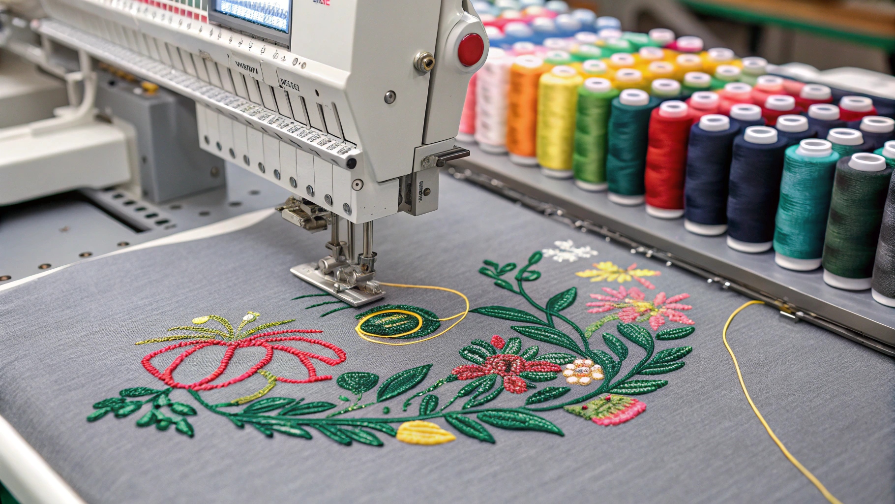 Close-up of embroidered T-shirt craftsmanship showing an embroidery machine in action with a digitized design preview, high thread count stitching on fabric, and an artisan manually setting up or adjusting threads, with vibrant threads organized by color in a modern workshop or small-batch studio setting, highlighting premium and precise textile detailing