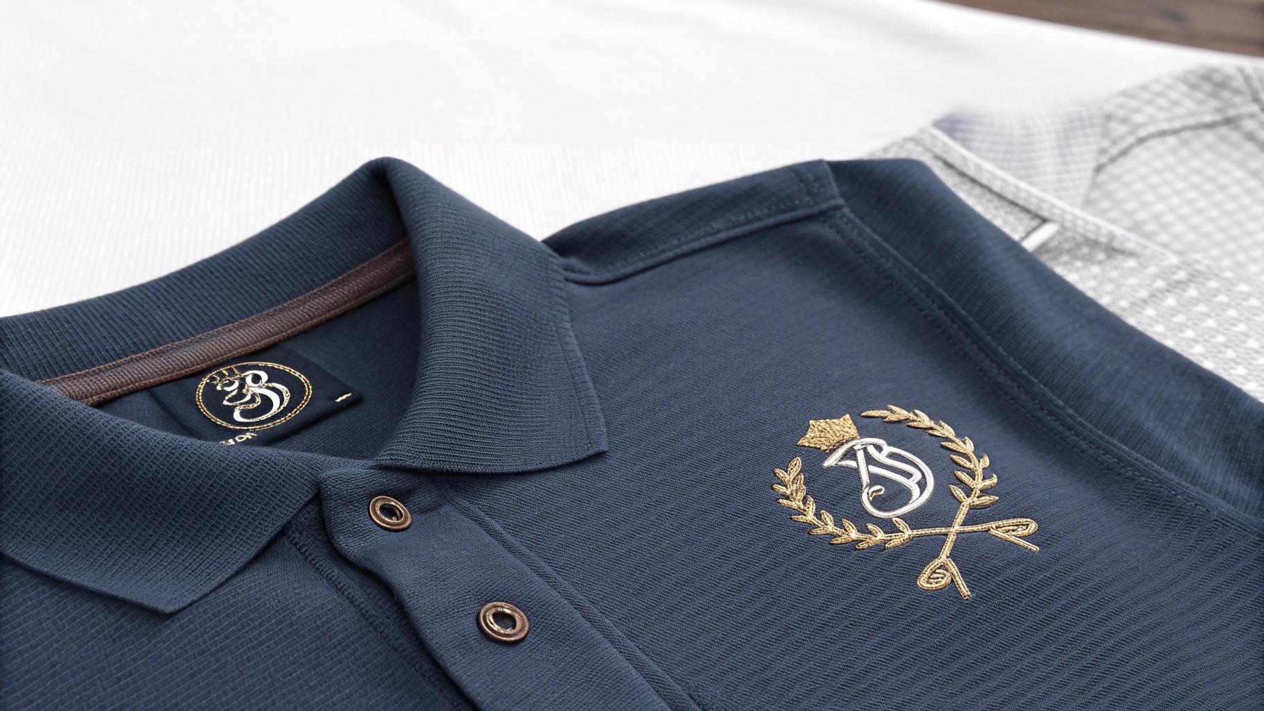 Close-up of premium T-shirts featuring embroidered logos and monograms with 3D textured stitching and thread sheen, positioned on collars or chest, compared to faded screen-printed graphics, showcasing embroidery’s durability after washing. Studio setup includes thread spools and digitizing software, reflecting high-end retail or startup fashion branding aesthetic