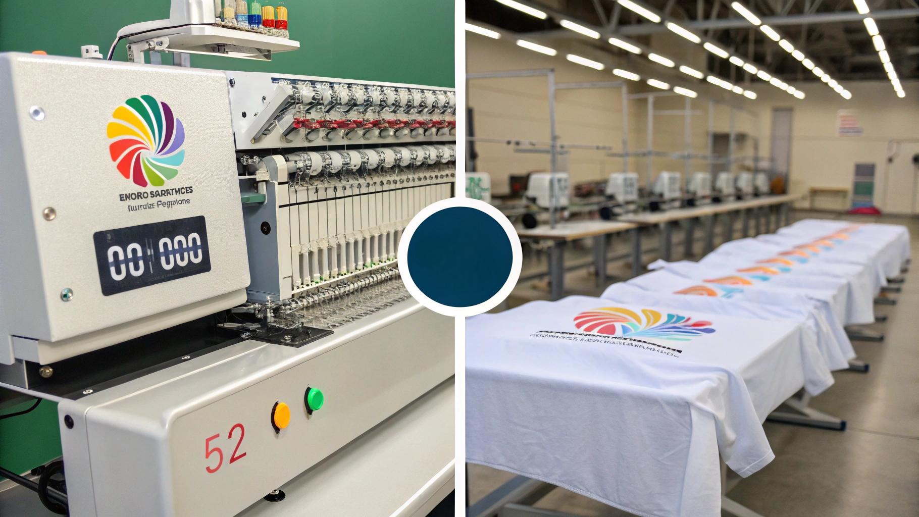 Side-by-side comparison of embroidery versus screen printing on T-shirts, showing an embroidery machine stitching a multicolor logo with visible thread changes and tension adjustments, taking 5–20 minutes per shirt, contrasted with a screen printing setup producing multiple shirts in seconds, set in a production studio with a small-batch embroidery table and a mass-production screen print line, highlighting the customization process and output speed in an educational, process-focused visual