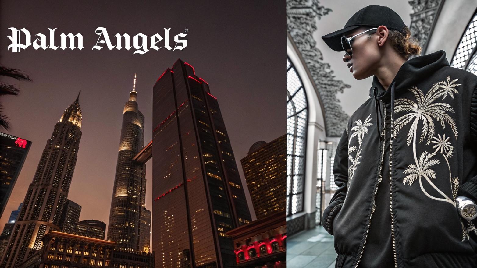 A model wearing a Palm Angels-inspired custom tracksuit with gothic typography, oversized fit, and bold color contrasts, standing in a neon-lit cityscape with wet pavement reflecting urban lights, capturing a high-fashion streetwear aesthetic.